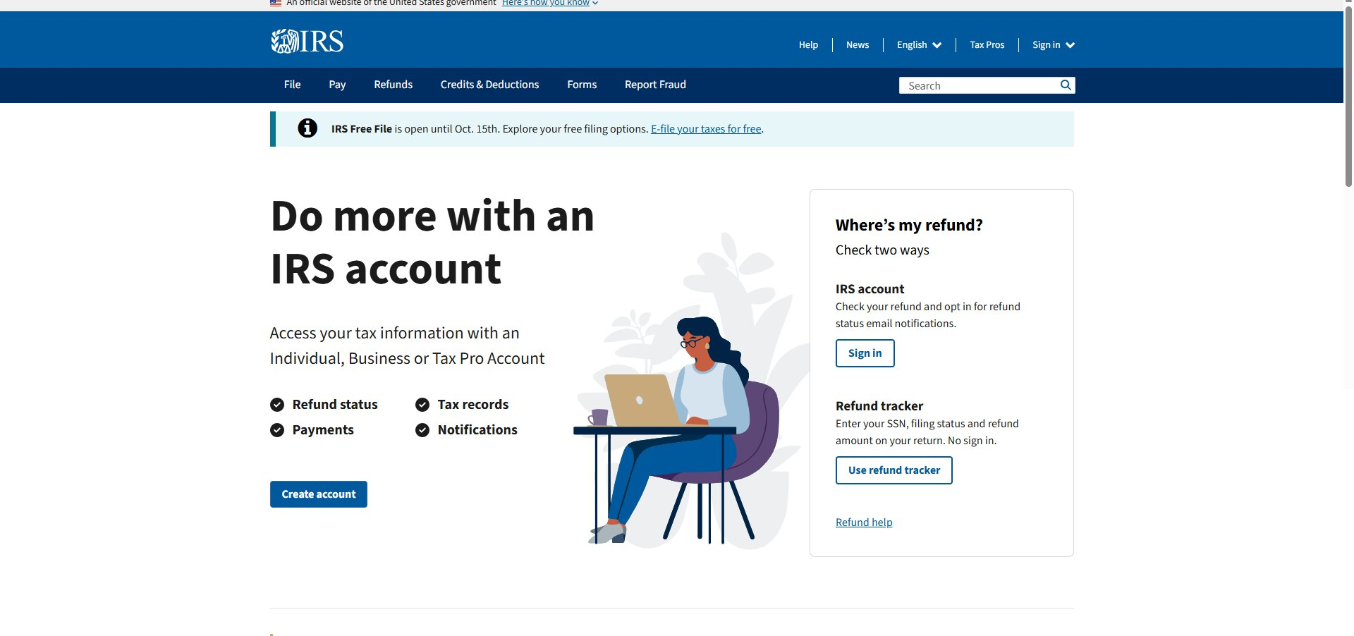 IRS.gov homepage showing the Sign in button in the top right and another Sign in button under the IRS account section.