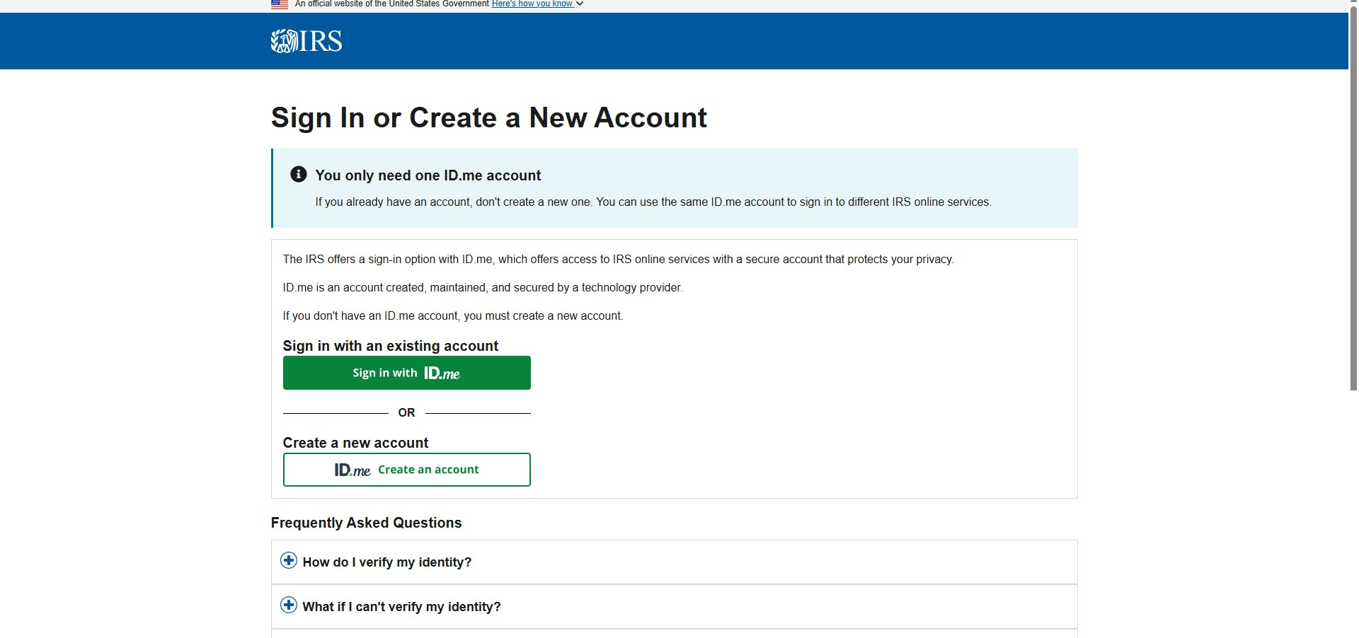 IRS Sign In or Create a New Account page showing a green Sign in with ID.me button and a separate ID.me Create an account button below.