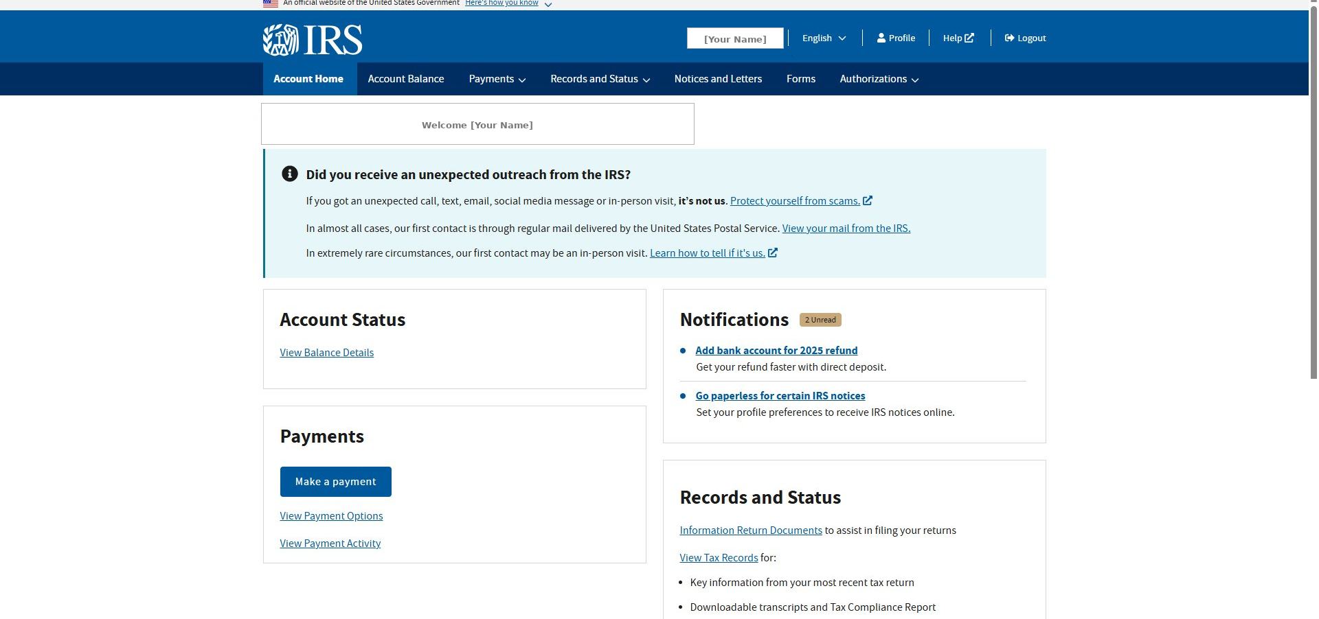 IRS Account Home page after signing in, showing the user's name in the header and a Welcome heading.
