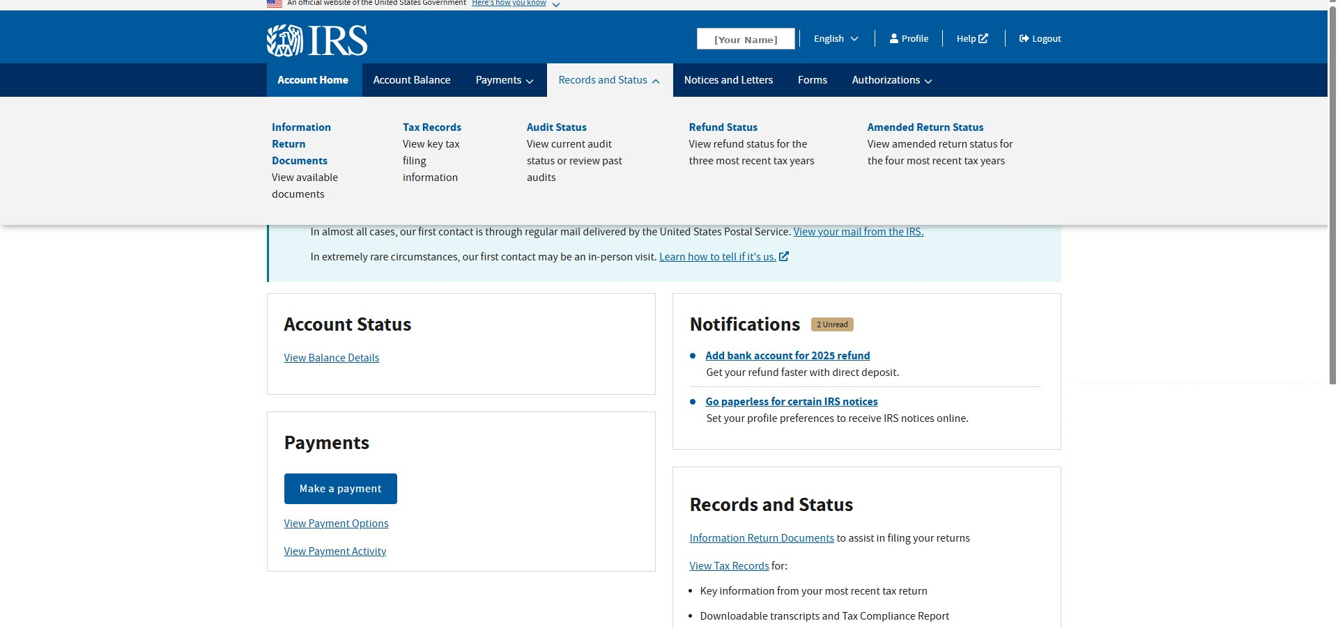 The Records and Status dropdown menu open on the IRS Account Home page, showing five options including Tax Records.