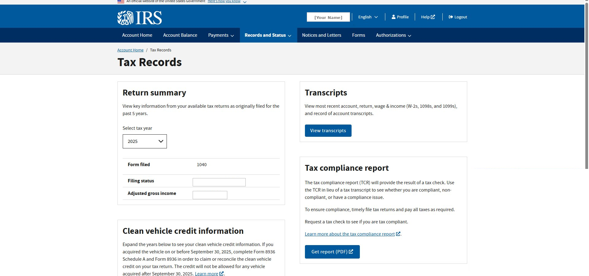 The Tax Records page showing a Return summary panel on the left and a Transcripts panel on the right with a blue View transcripts button.