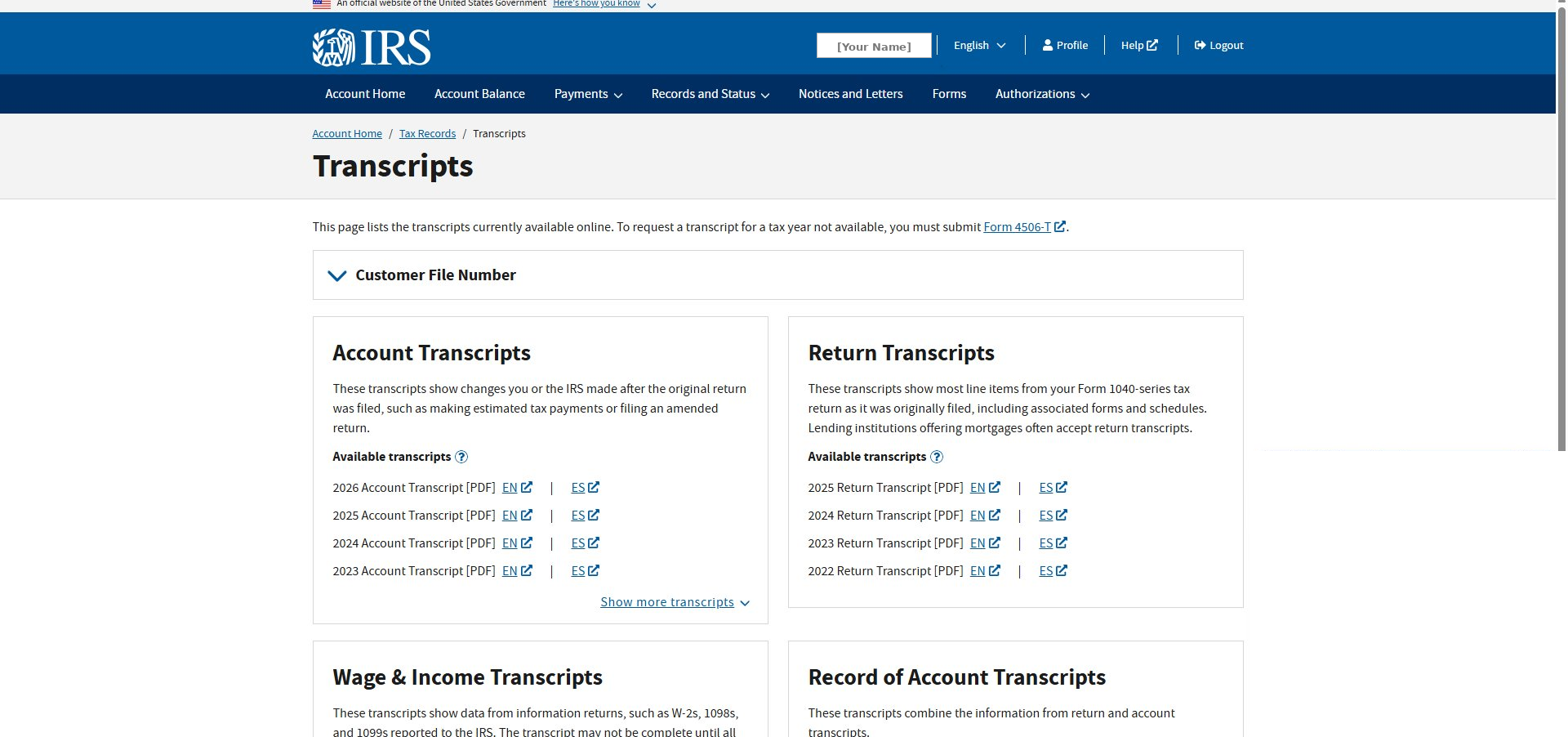 The Transcripts page showing four panels for different transcript types, with the Account Transcripts panel in the upper left.