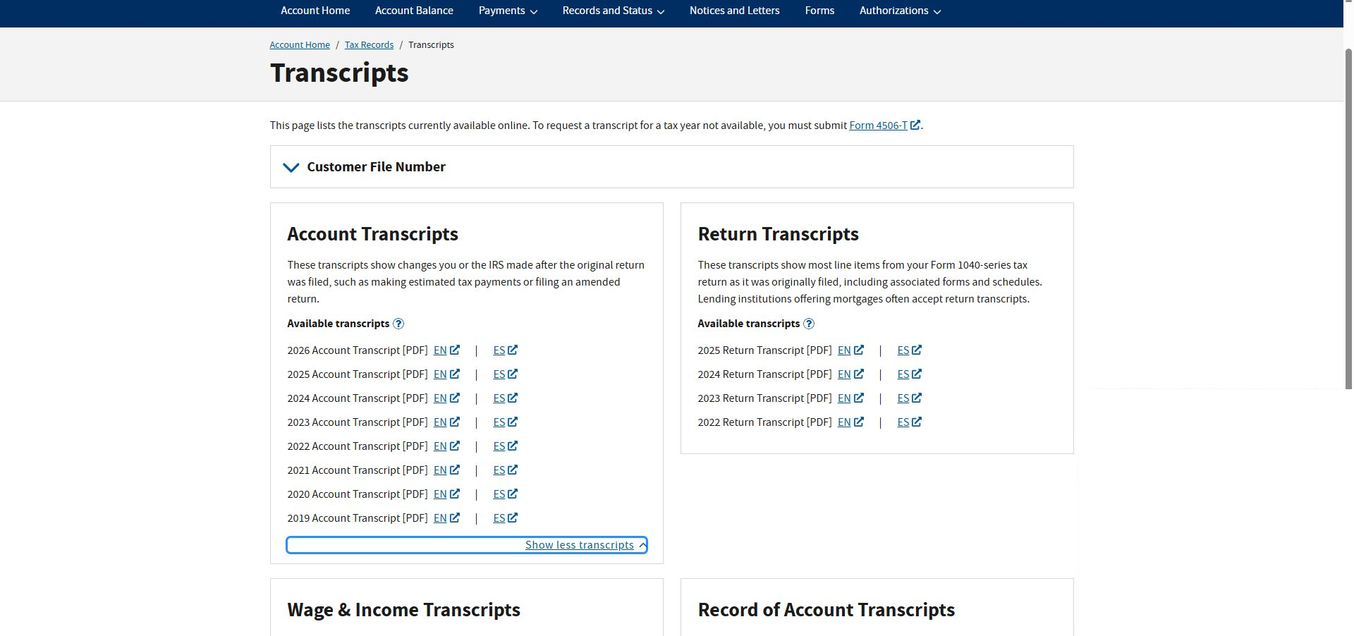The Transcripts page with the Account Transcripts panel fully expanded, showing rows for tax years 2019 through 2026 with EN and ES download links for each.