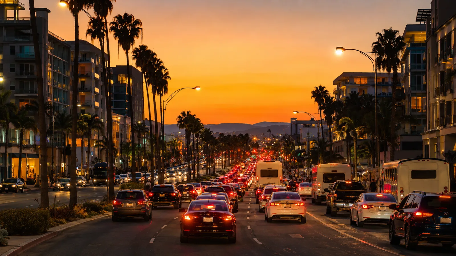 Tráfico vespertino en una avenida concurrida de Anaheim, California