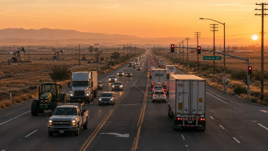 Evening traffic on a busy road in Bakersfield, California