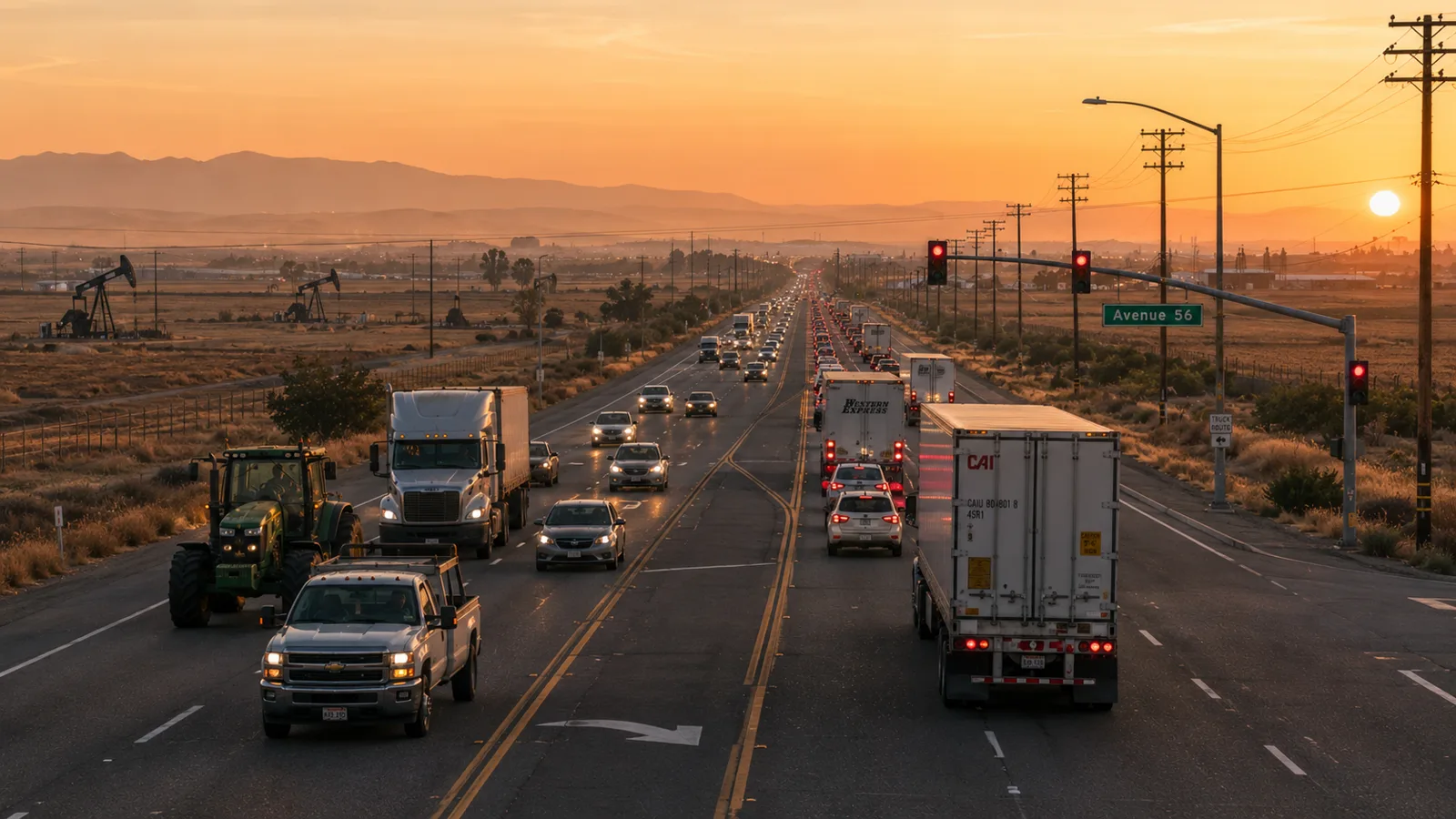 Tráfico vespertino en una avenida concurrida de Bakersfield, California
