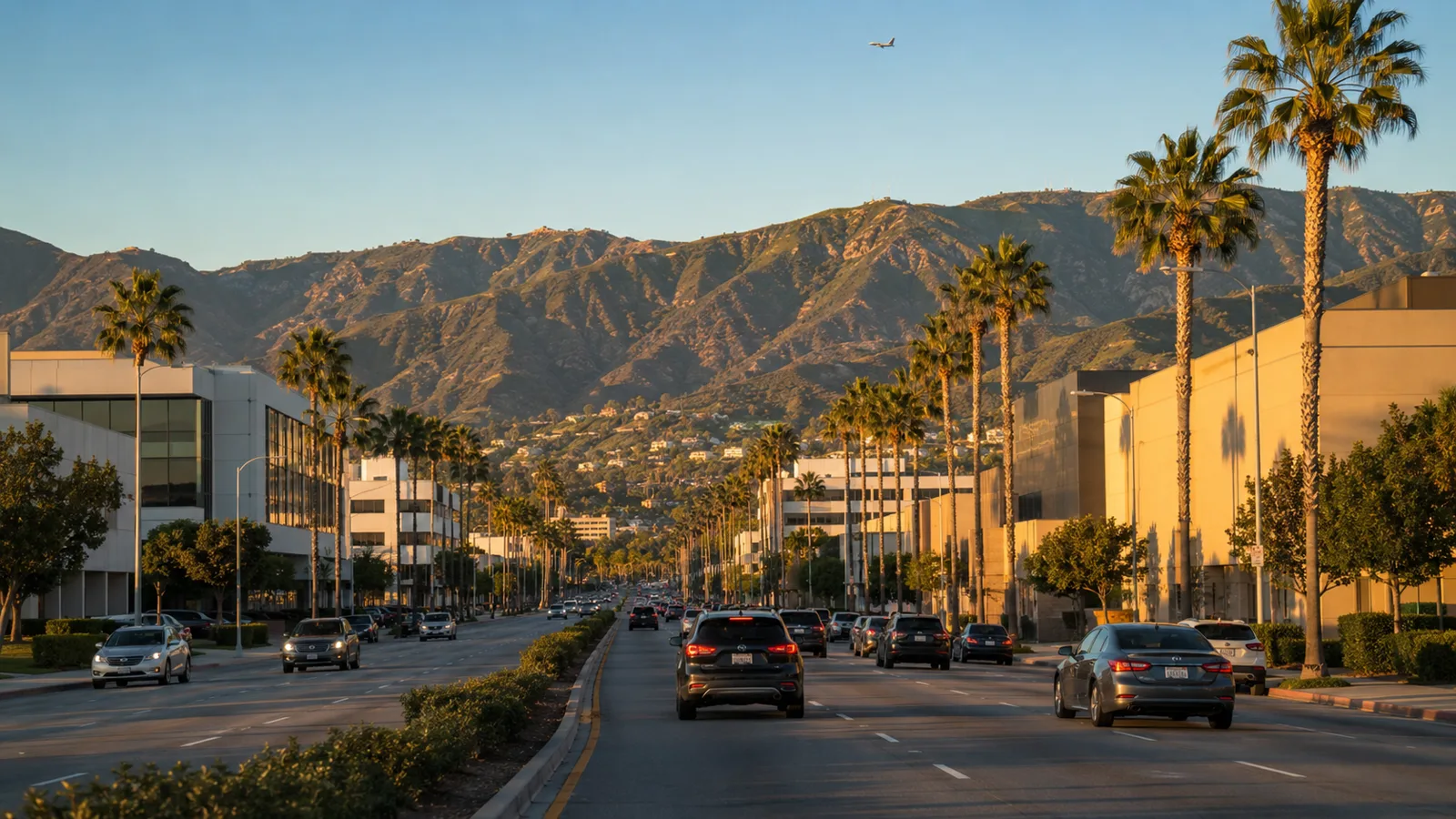 Evening traffic on a busy boulevard in Burbank, California
