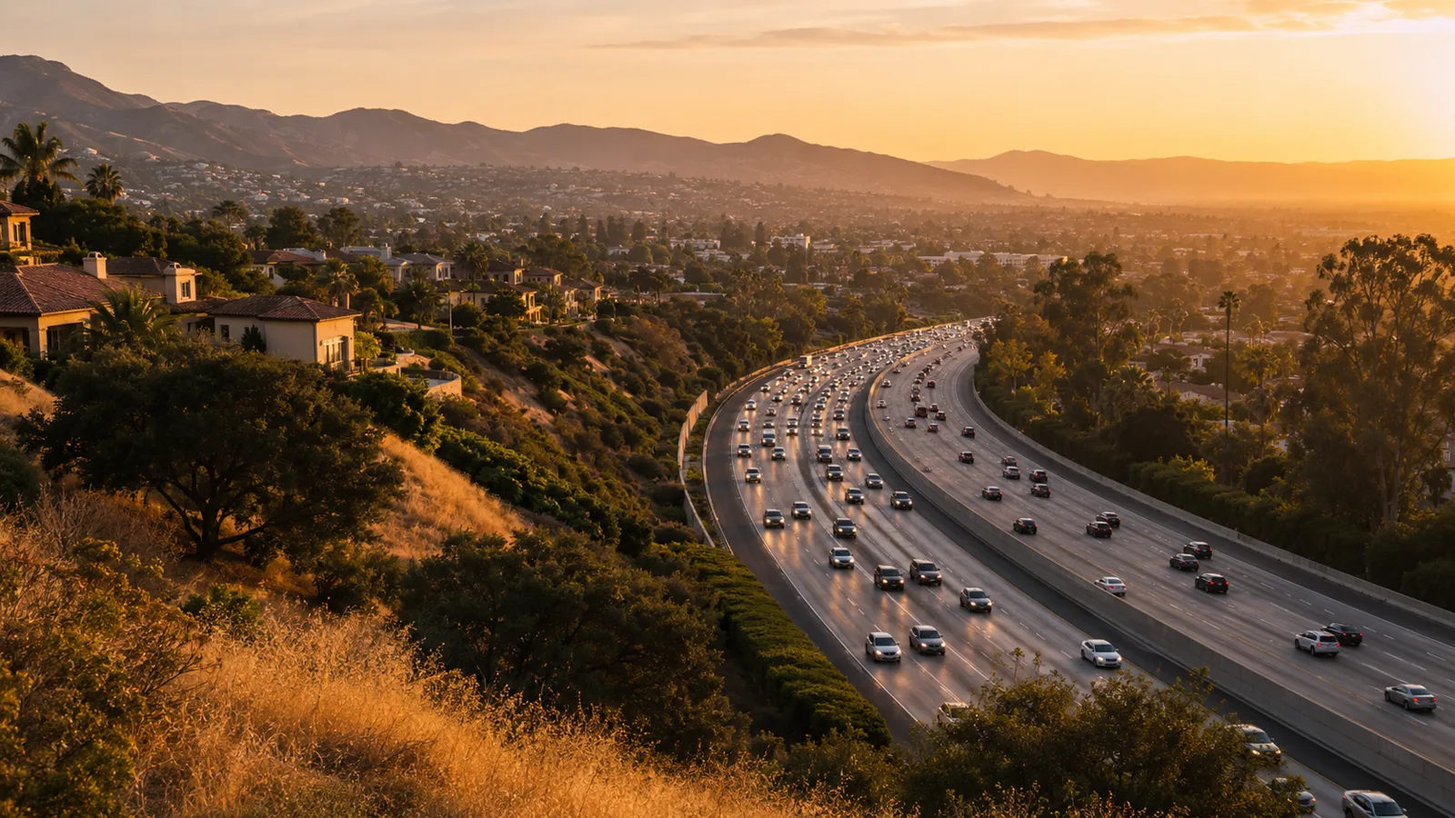 Evening traffic on a busy boulevard in Calabasas, California