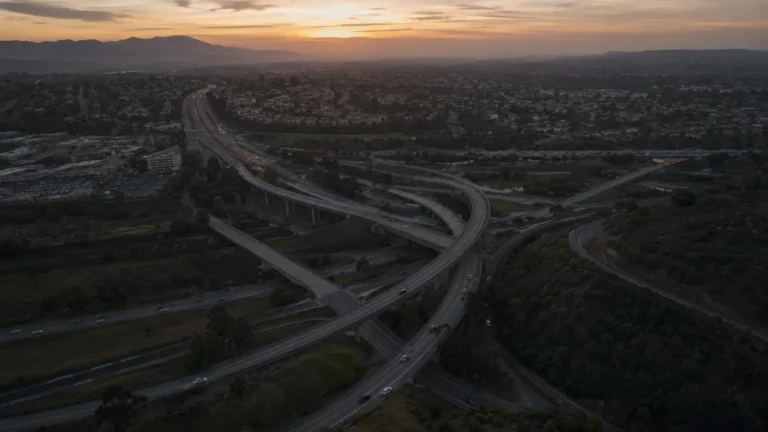 Aerial view of a California freeway interchange at dusk