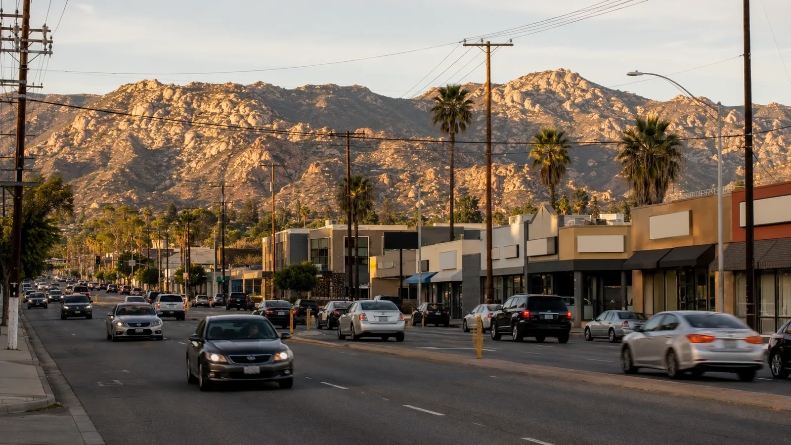 Evening traffic on a busy boulevard in Canoga Park, California