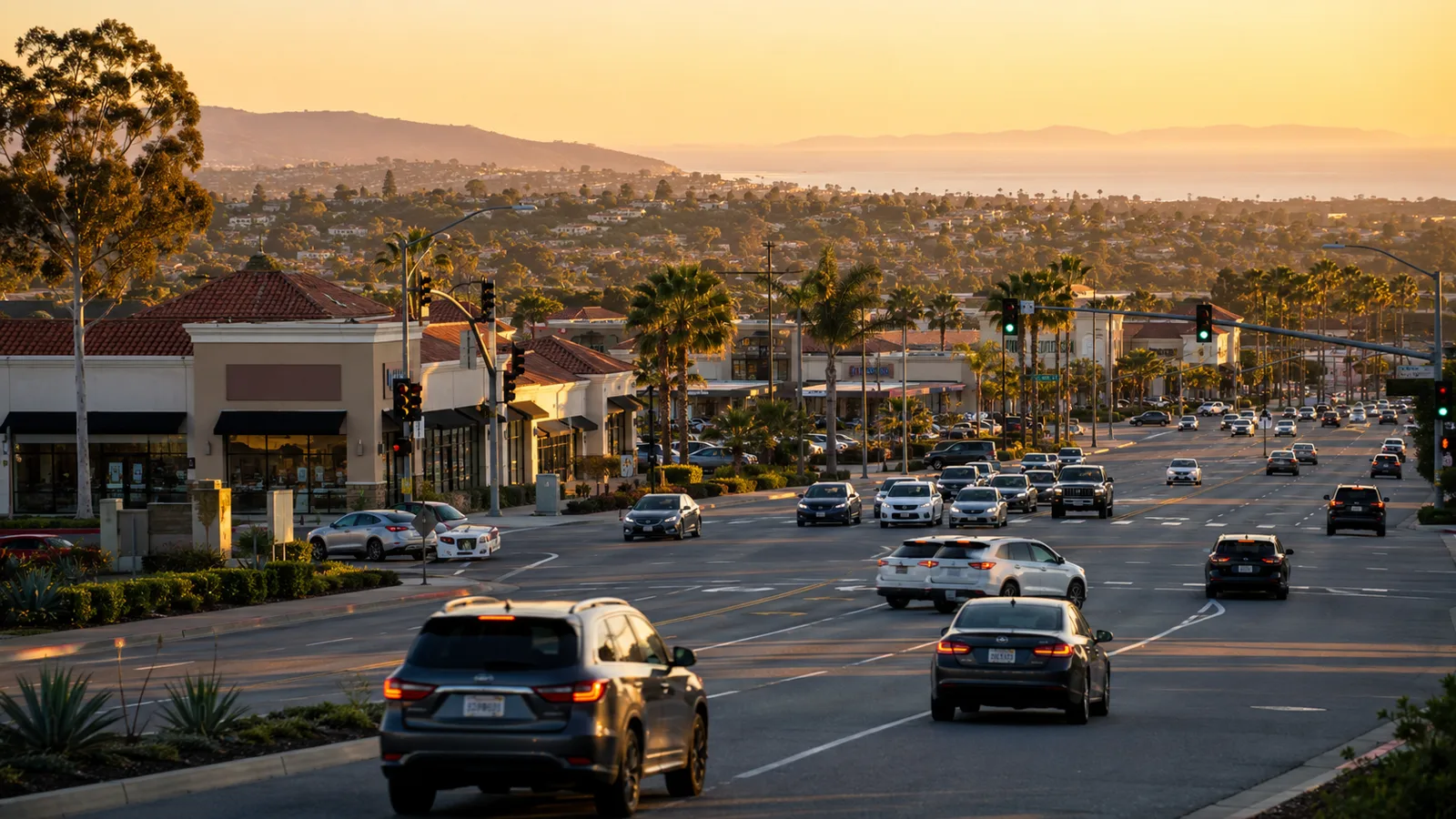 Tráfico vespertino en una avenida concurrida de Chula Vista, California