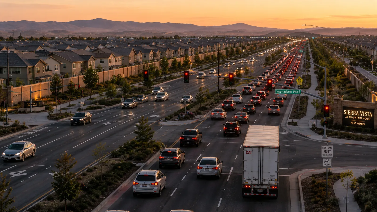 Tráfico vespertino en una avenida concurrida de Elk Grove, California