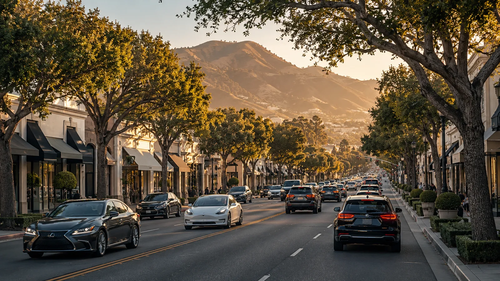 Evening traffic on a busy boulevard in Encino, California