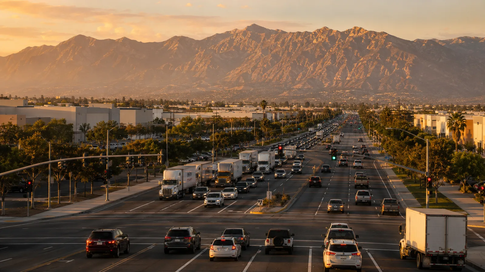 Tráfico vespertino en una avenida concurrida de Fontana, California