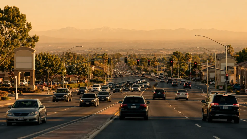 Evening traffic on a busy road in Fresno, California
