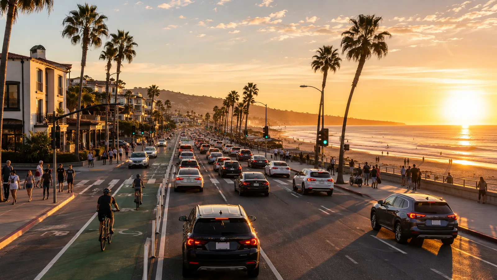 Evening traffic on a busy road in Huntington Beach, California