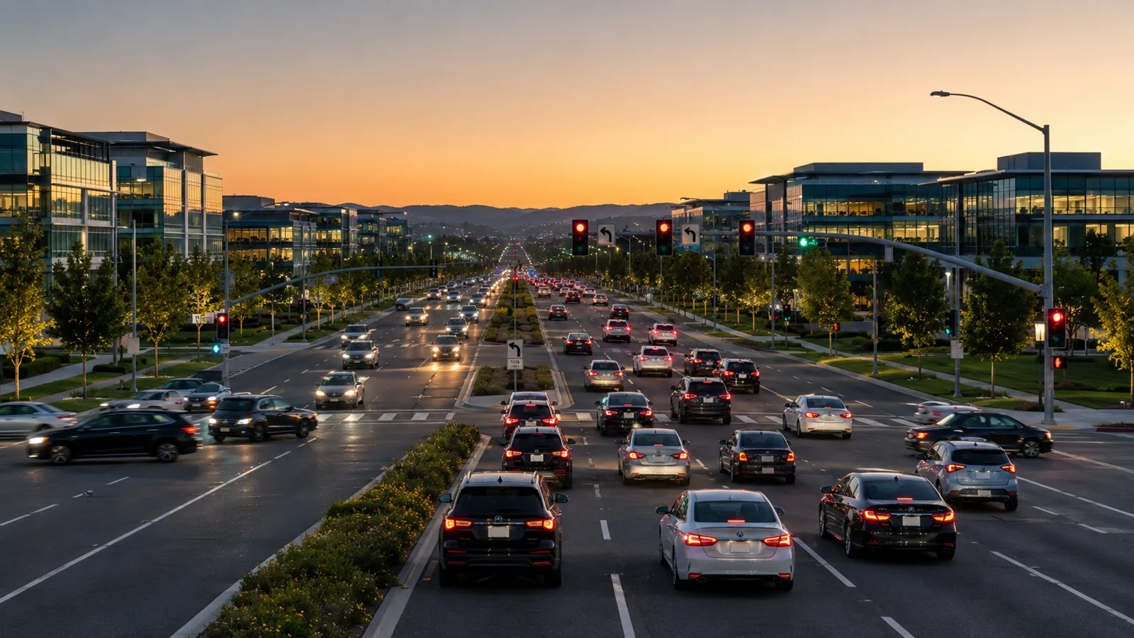 Tráfico vespertino en una avenida concurrida de Irvine, California