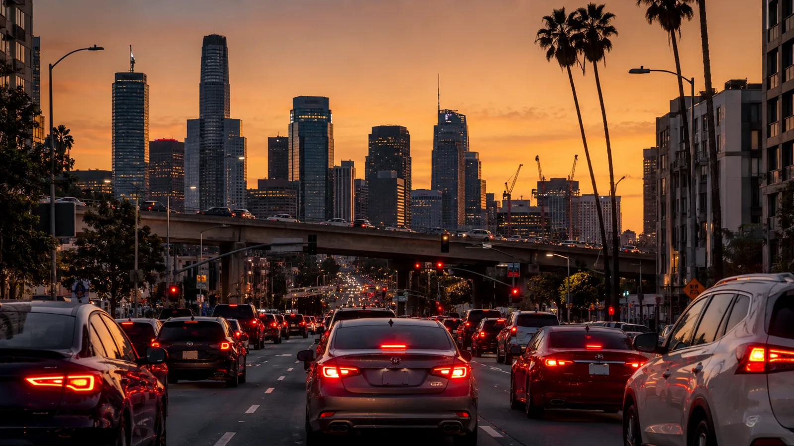 Tráfico vespertino en una avenida concurrida de Los Ángeles, California