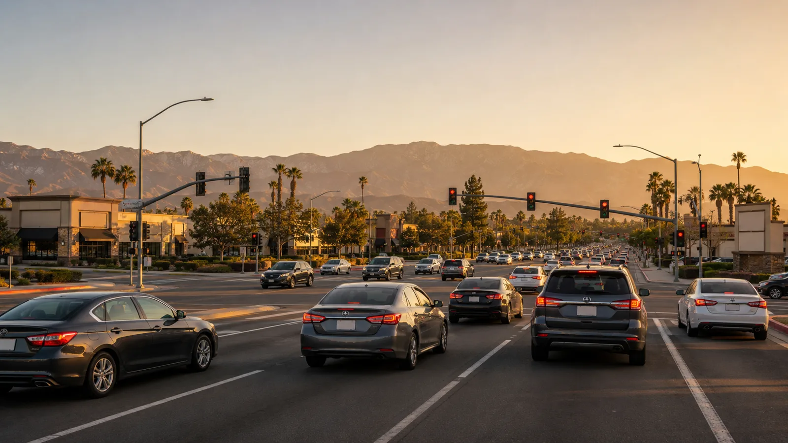 Evening traffic on a busy boulevard in Northridge, California