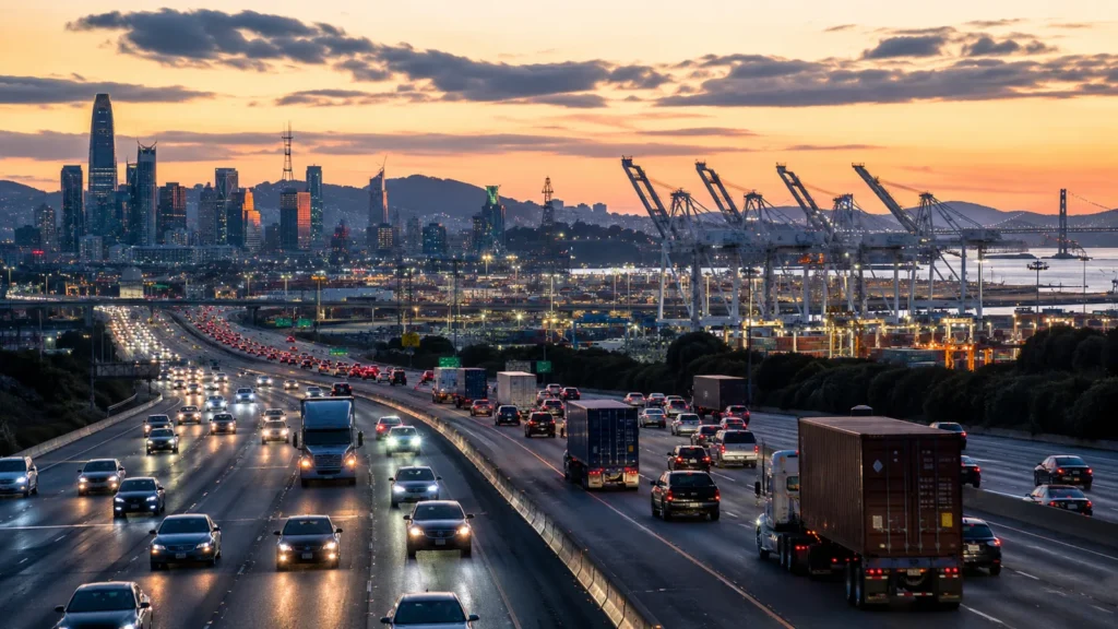 Evening traffic on a busy road in Oakland, California