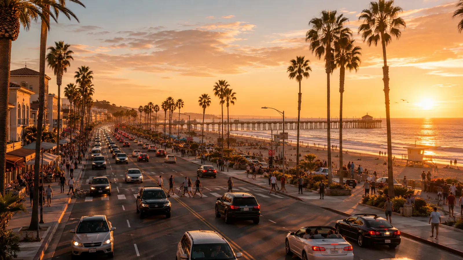 Tráfico vespertino en una avenida concurrida de Oceanside, California