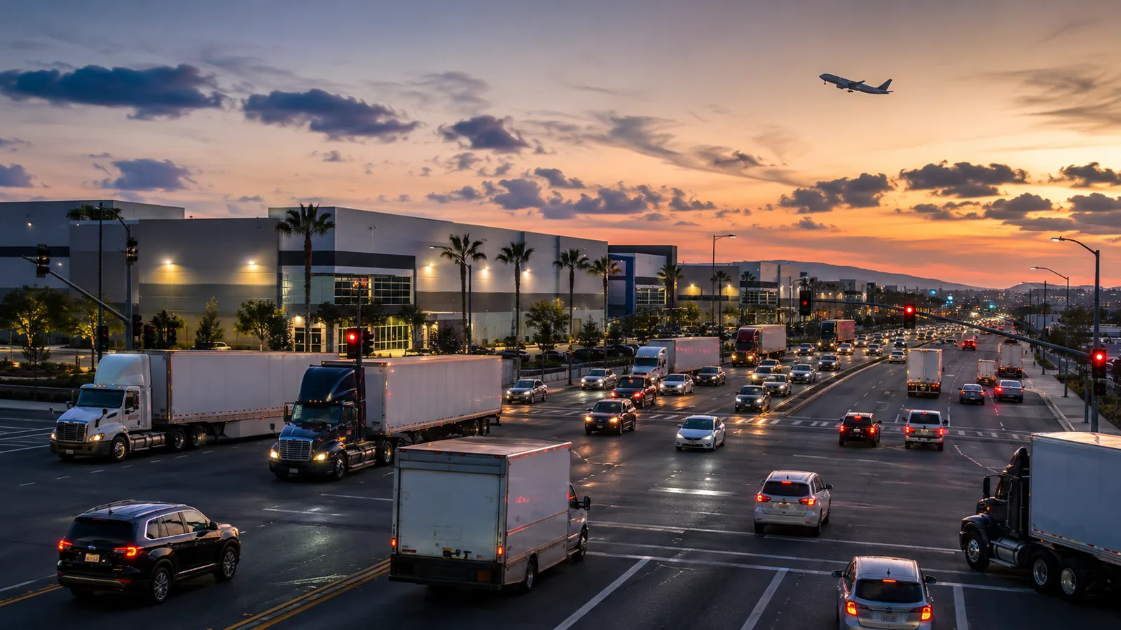 Tráfico vespertino en una avenida concurrida de Ontario, California