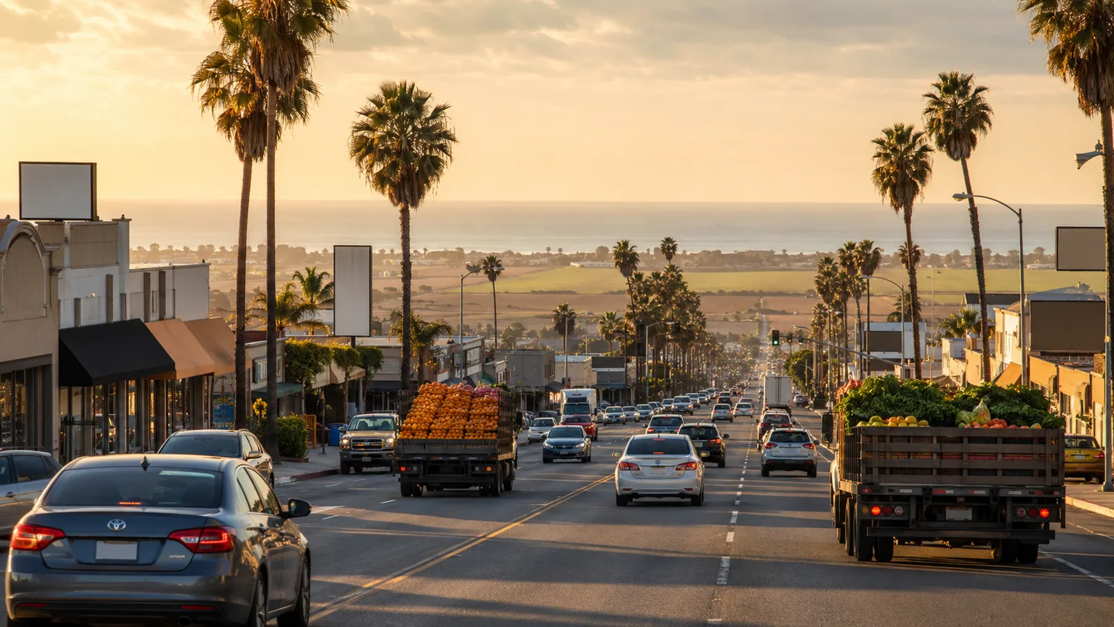 Tráfico vespertino en una avenida concurrida de Oxnard, California