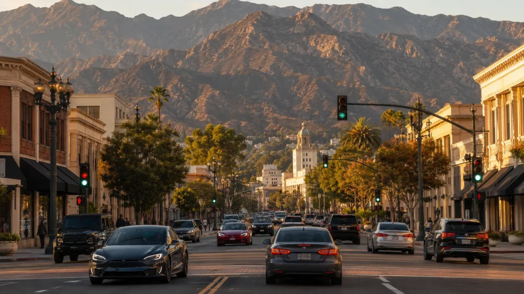 Evening traffic on a busy road in Pasadena, California