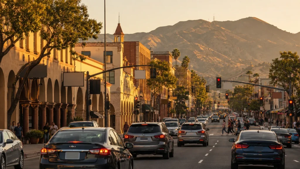 Evening traffic on a busy road in Riverside, California