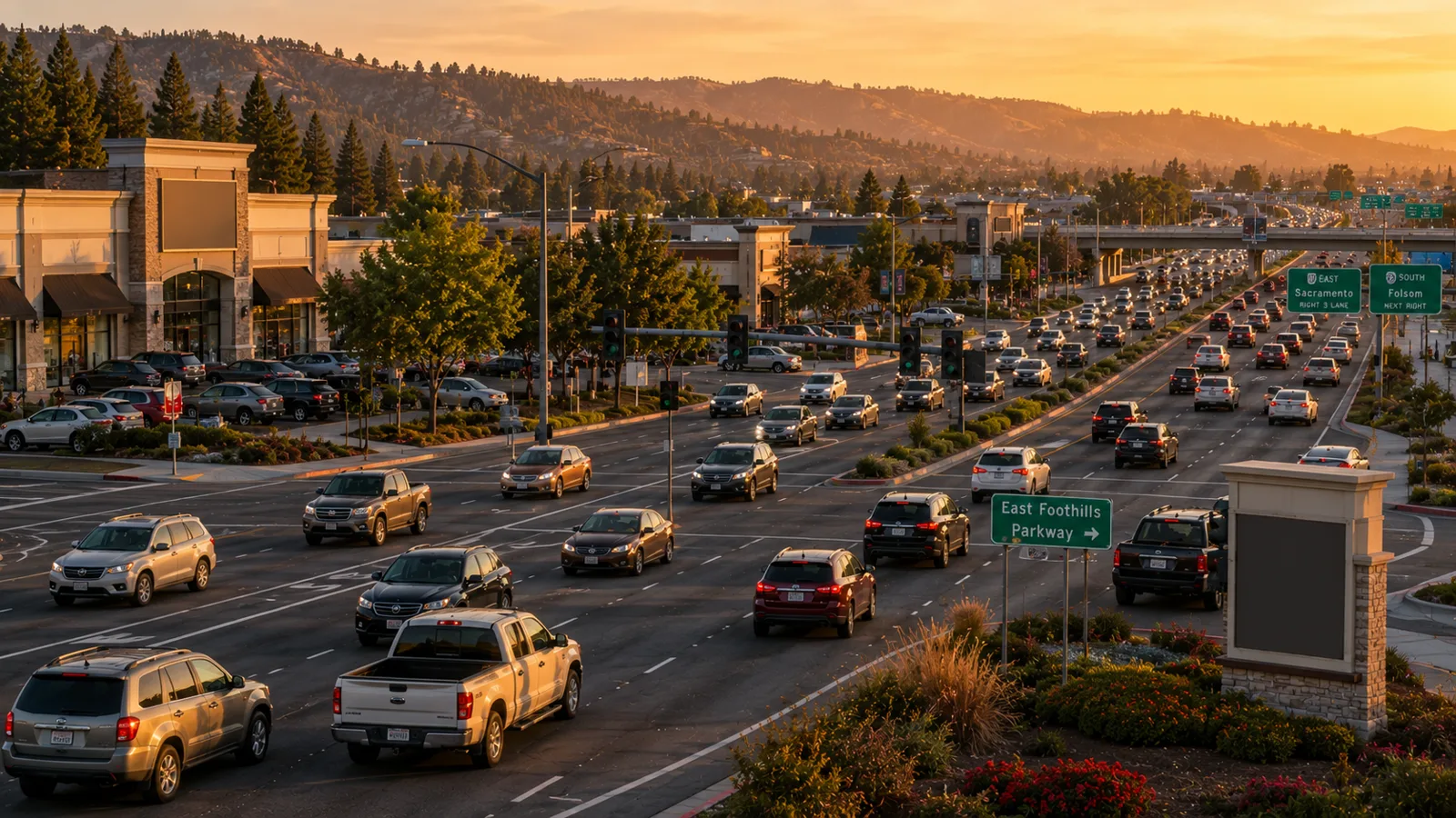Tráfico vespertino en una avenida concurrida de Roseville, California