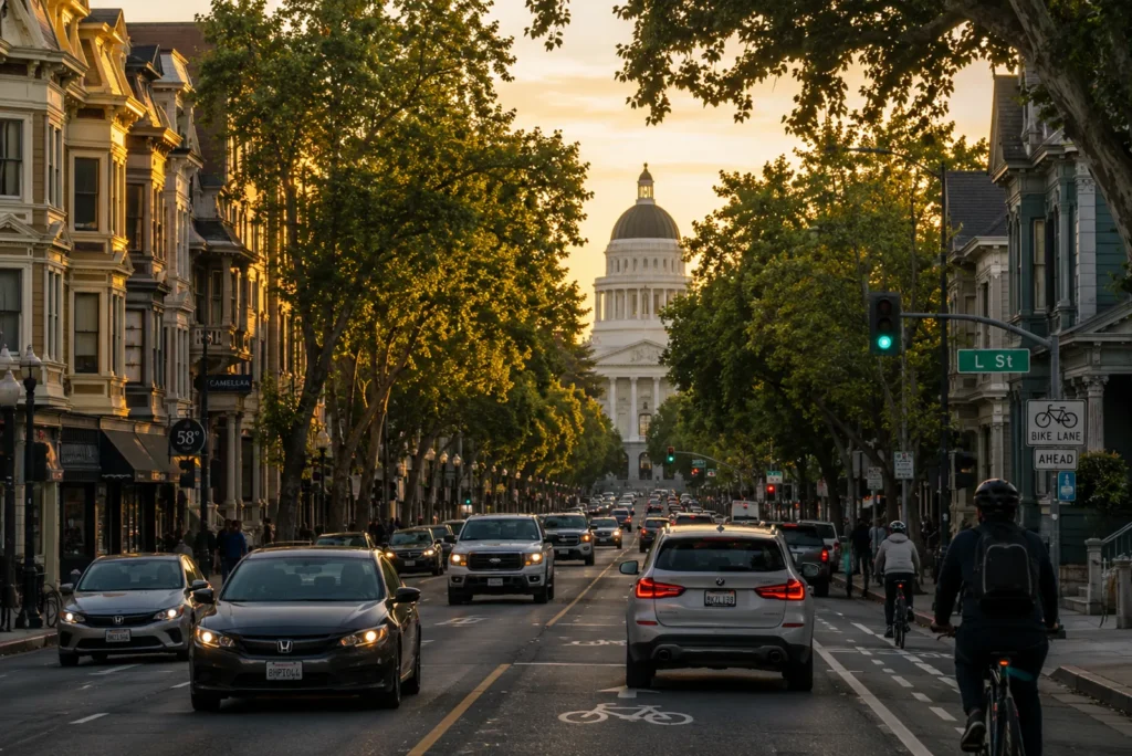 Evening traffic on a busy road in Sacramento, California