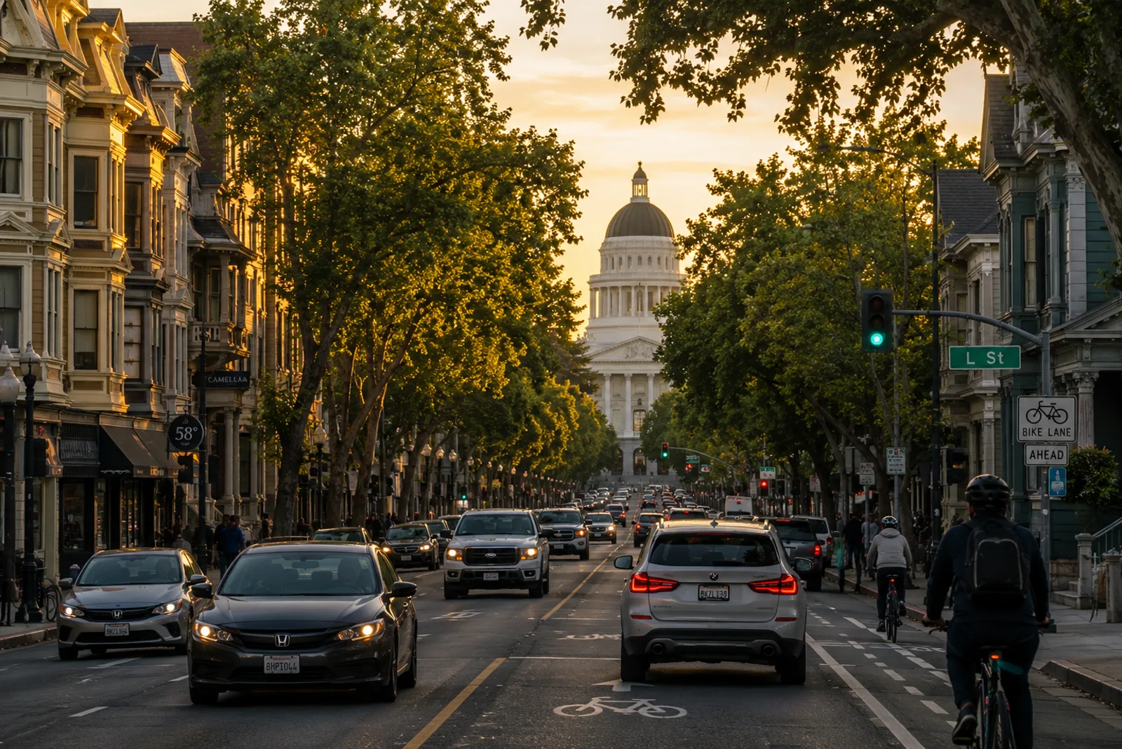 Tráfico vespertino en una avenida concurrida de Sacramento, California