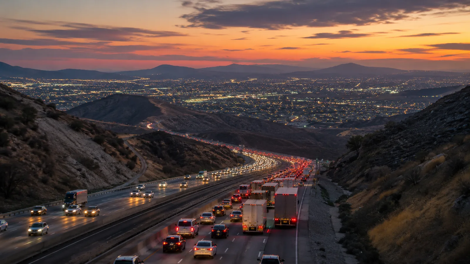 Tráfico vespertino en una avenida concurrida de San Bernardino, California