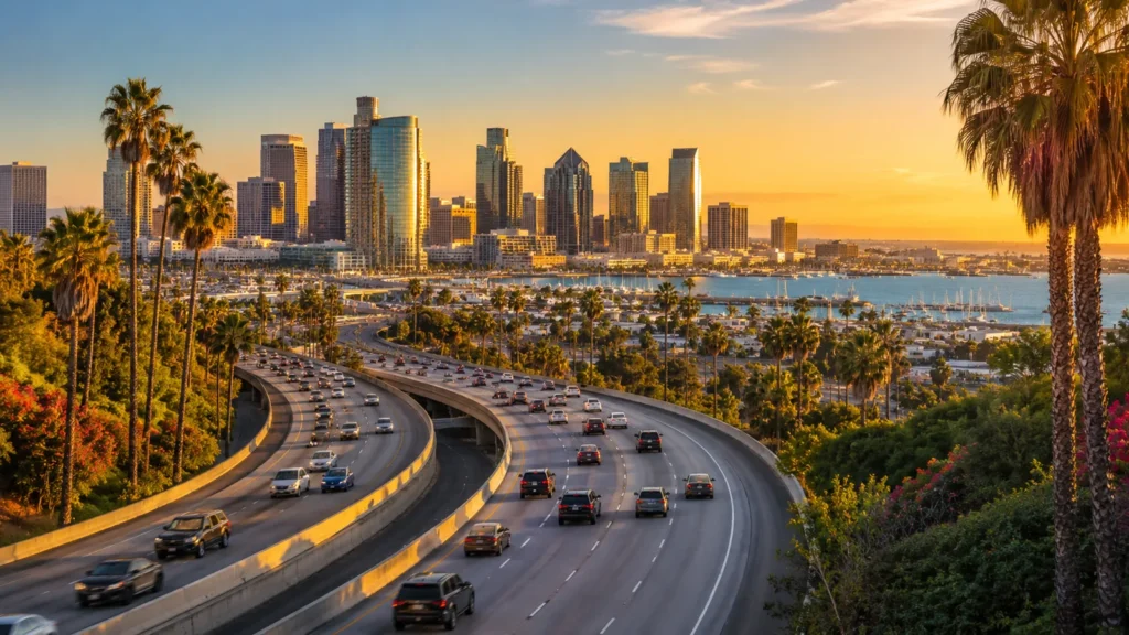 Evening traffic on a busy road in San Diego, California