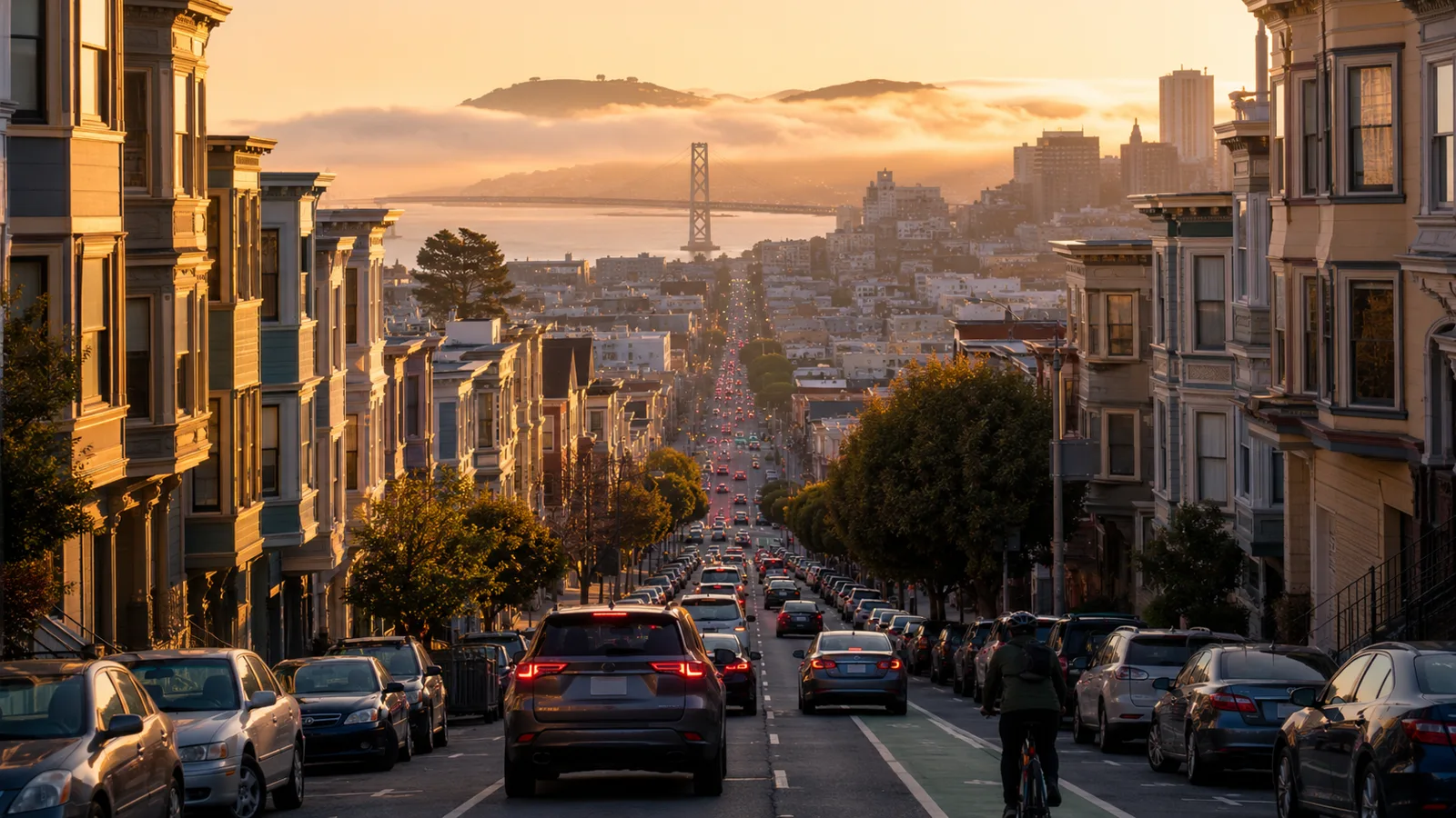 Tráfico vespertino en una avenida concurrida de San Francisco, California