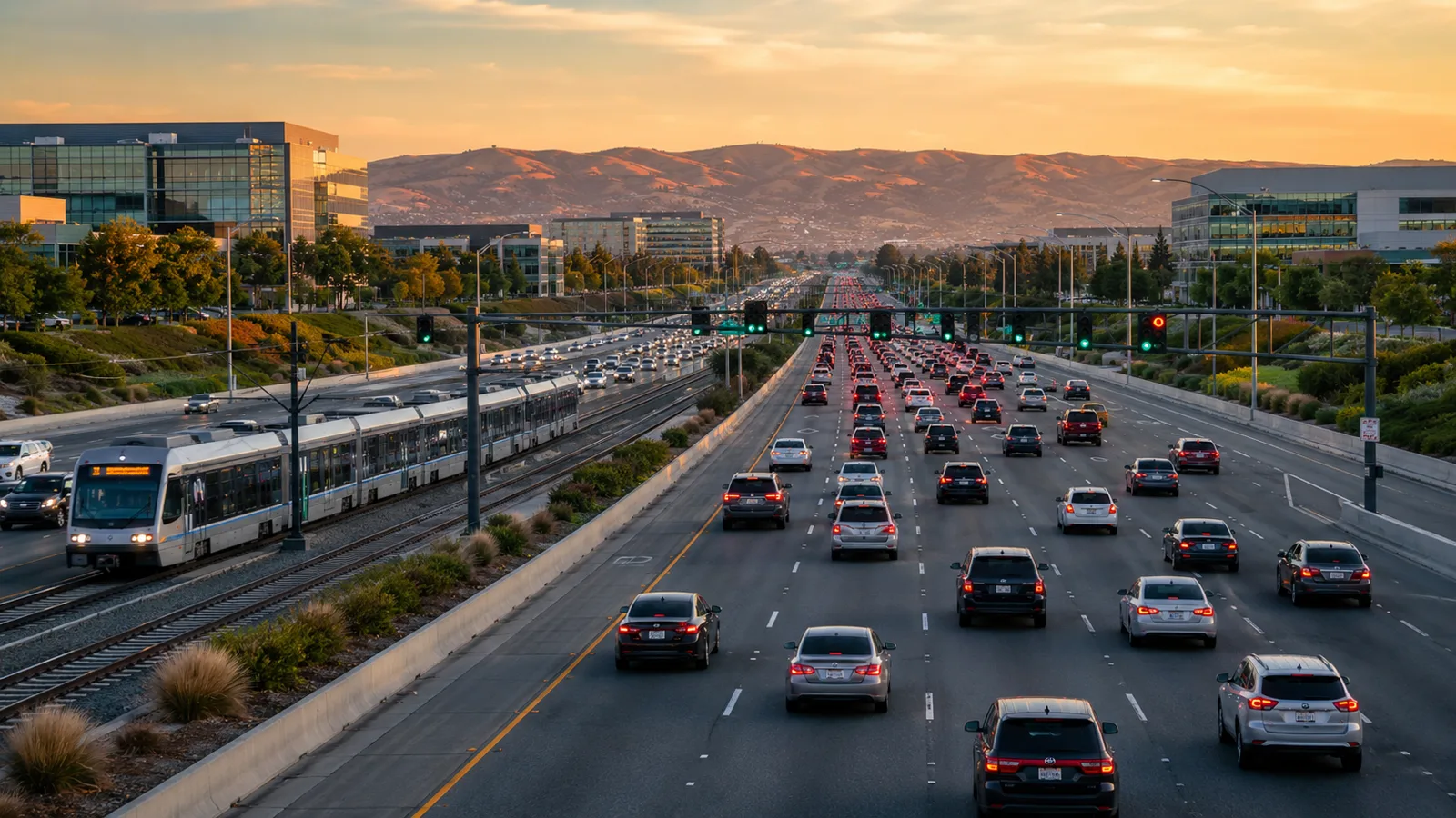Tráfico vespertino en una avenida concurrida de San José, California
