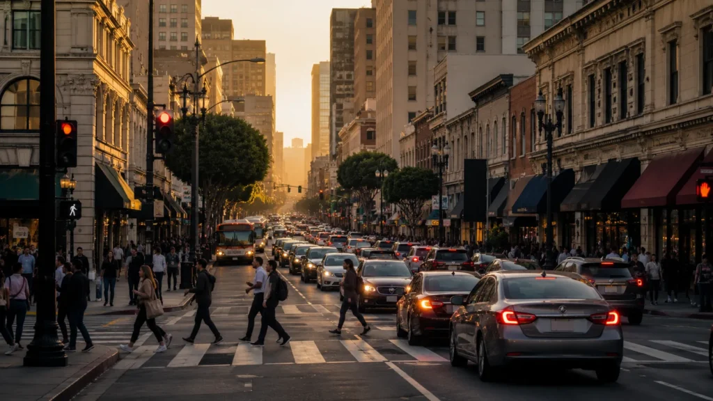 Evening traffic on a busy road in Santa Ana, California