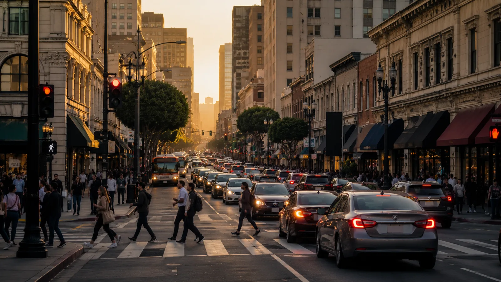 Tráfico vespertino en una avenida concurrida de Santa Ana, California