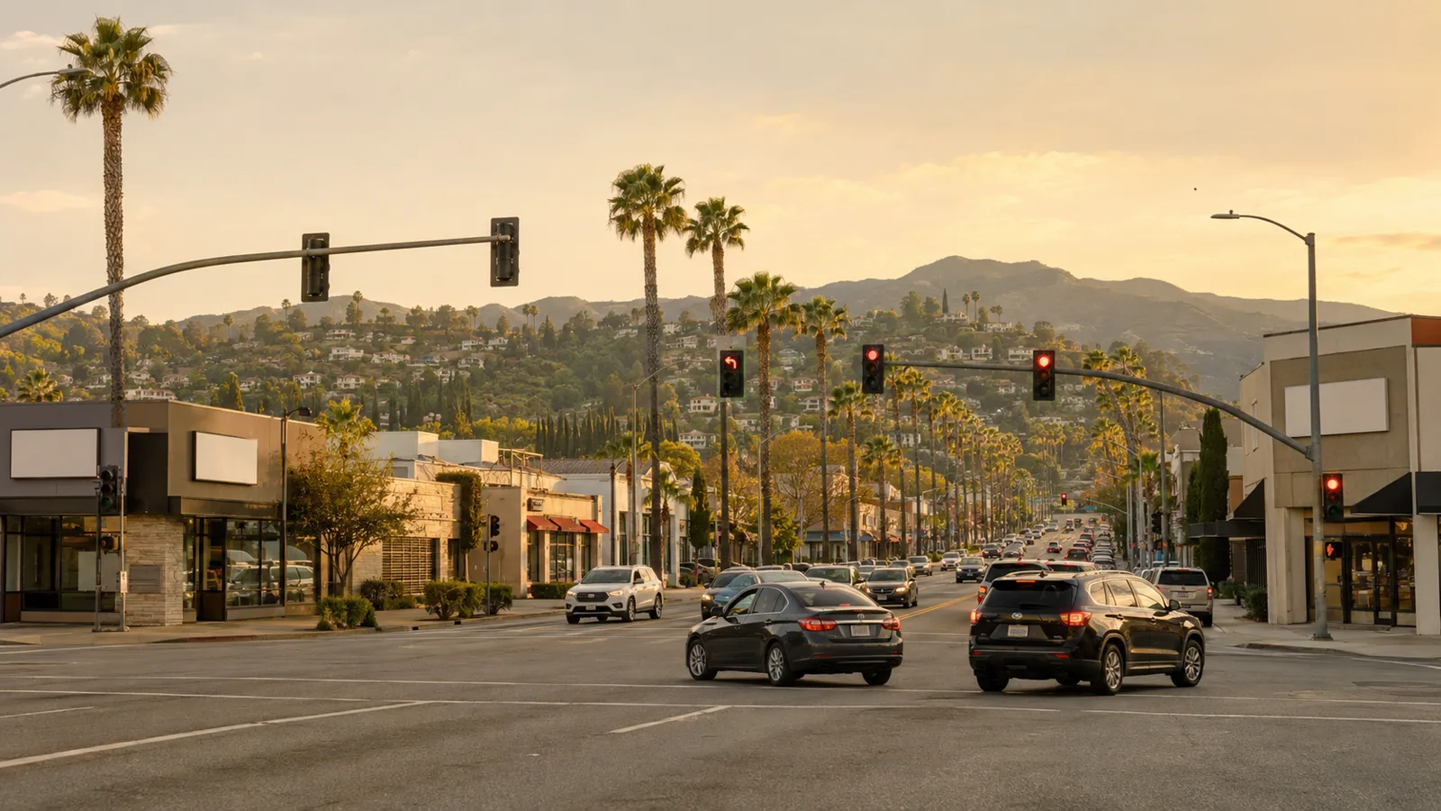 Evening traffic on a busy boulevard in Sherman Oaks, California