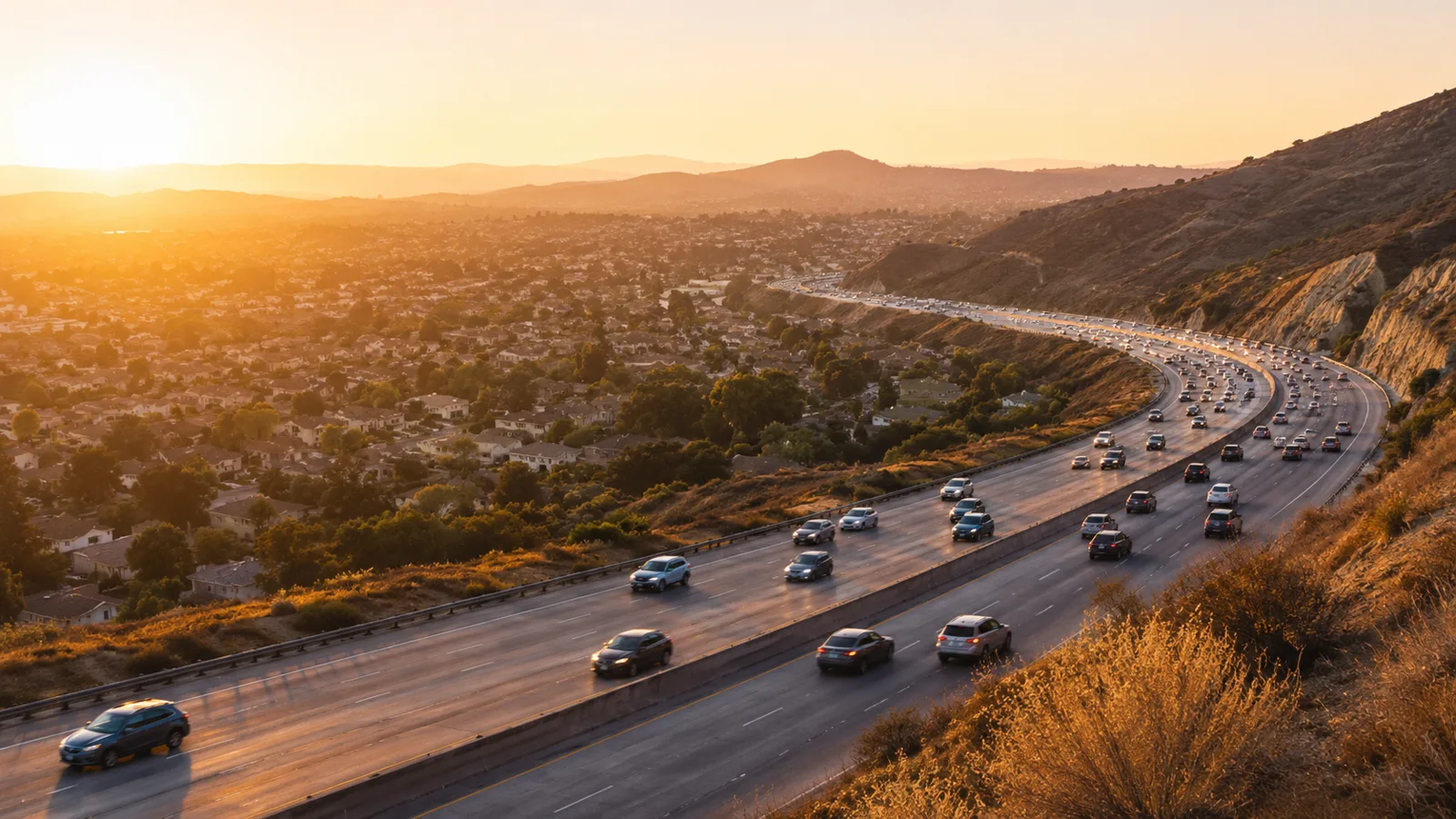 Tráfico vespertino en una avenida concurrida de Simi Valley, California