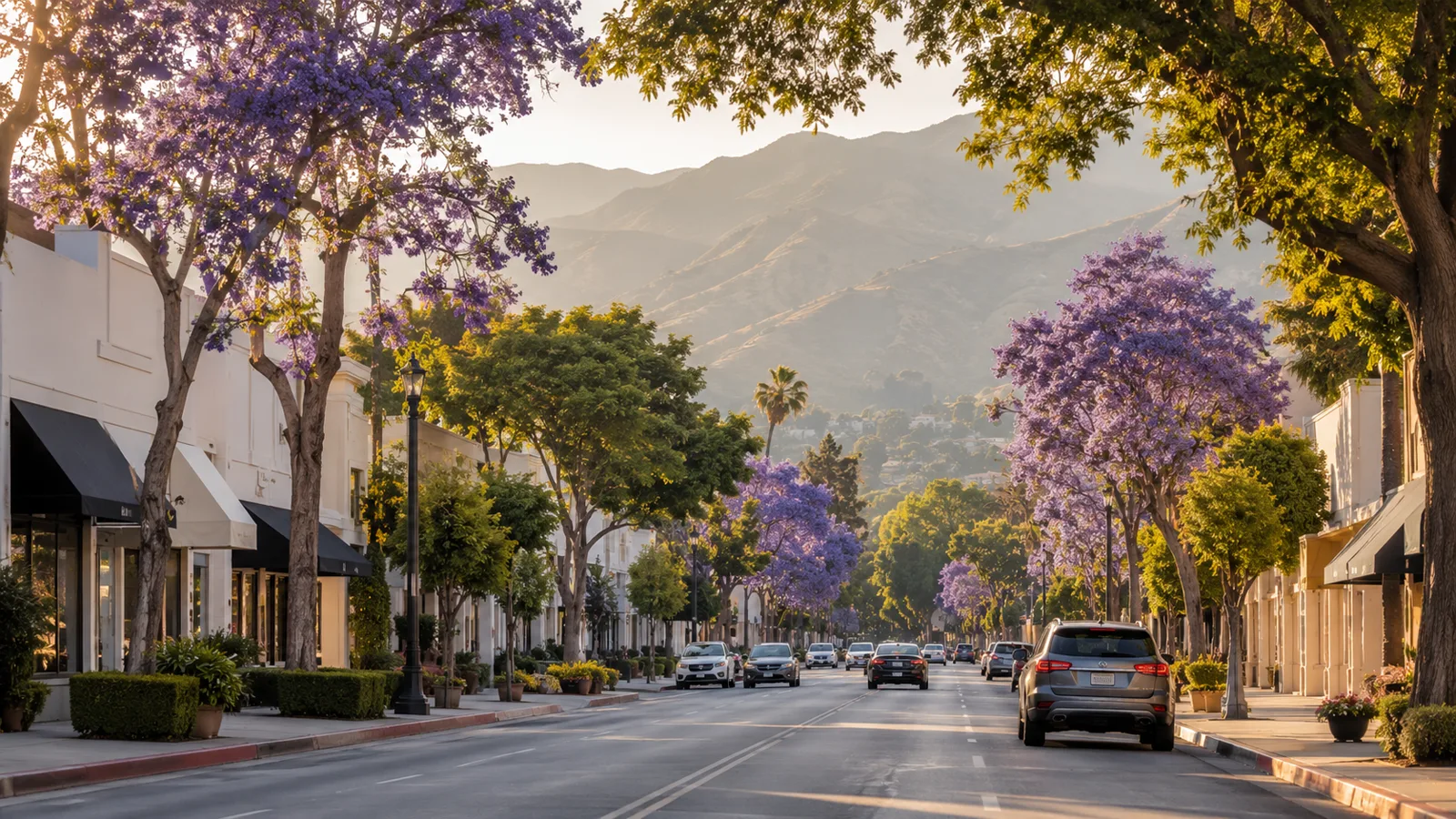 Evening traffic on a busy boulevard in Tarzana, California
