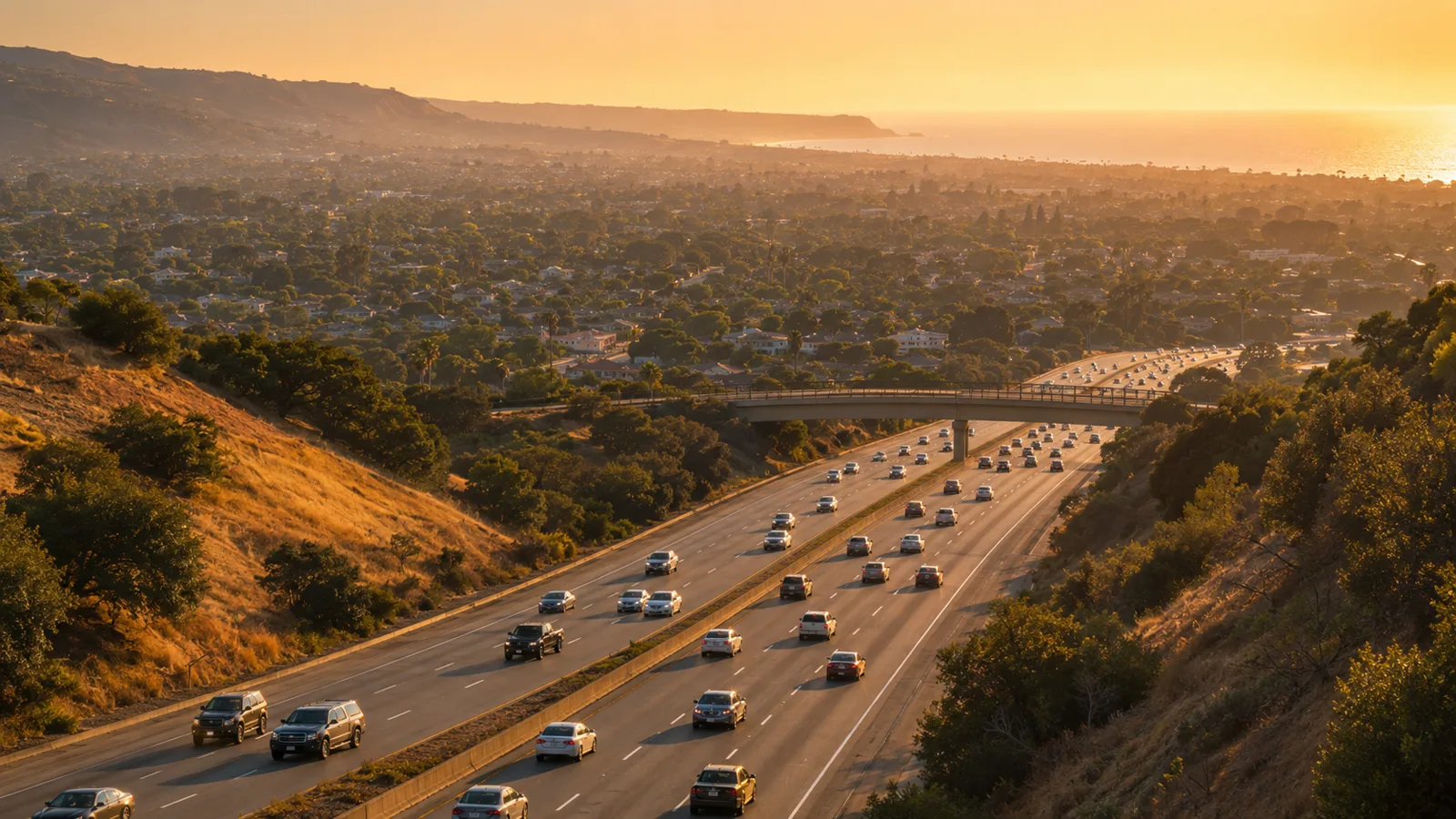Evening traffic on a busy boulevard in Thousand Oaks, California