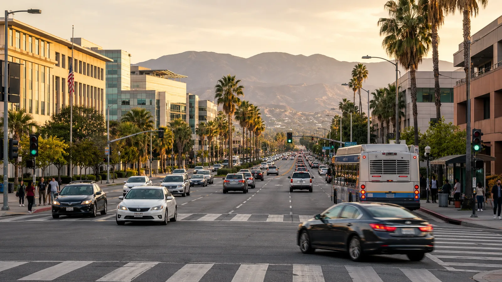 Evening traffic on a busy boulevard in Van Nuys, California