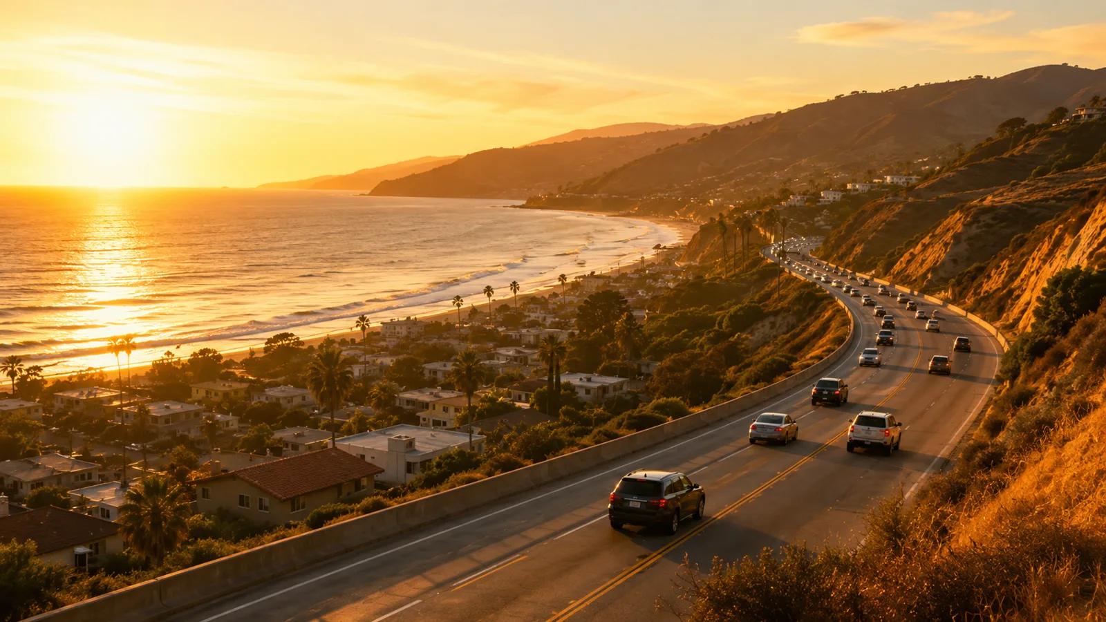Tráfico vespertino en una avenida concurrida de Ventura, California